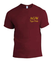 Load image into Gallery viewer, Maroon Tshirt with AGWTP embroidery in yellow gold thread
