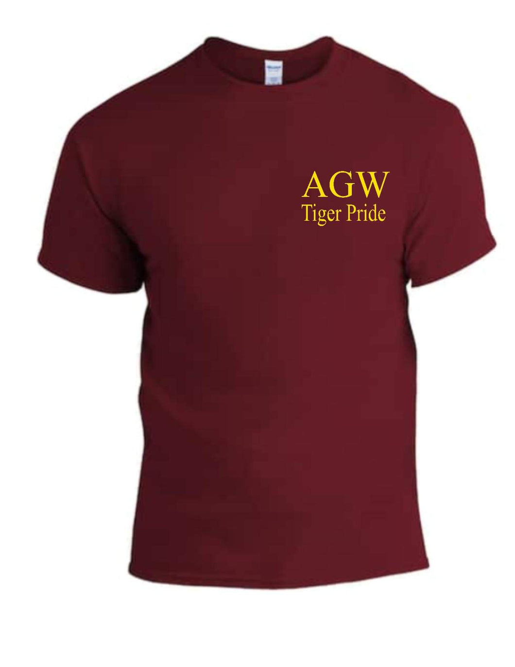 Maroon Tshirt with AGWTP embroidery in yellow gold thread