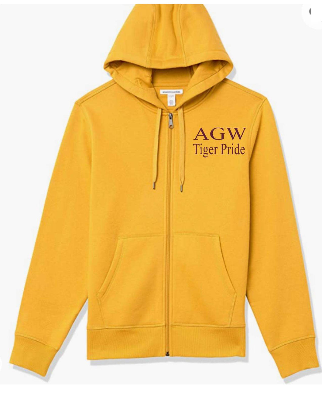 Gold Zippered Hoodie with AGWTP embroidery in maroon thread