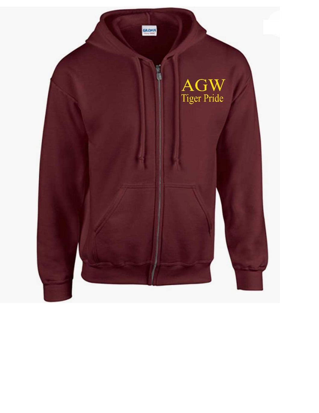 Maroon Zippered Hoodie with AGWTP embroidery in yellow gold thread
